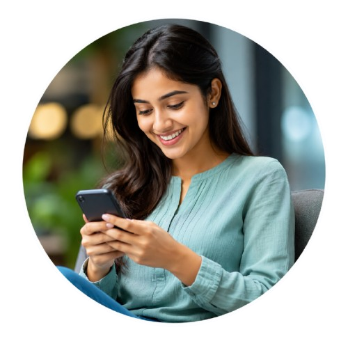 Young woman using a smartphone to book custom software development services online from Bensun Solutions.