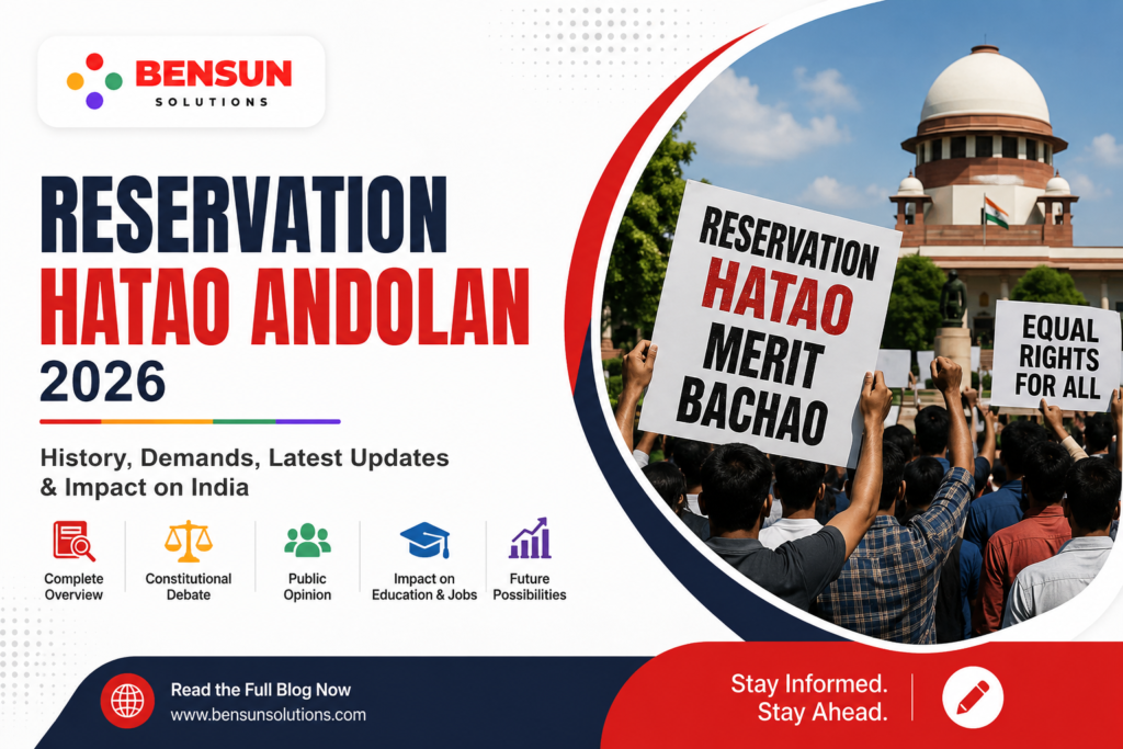 Graphical banner featuring text about "Reservation Andolan" alongside people holding protest signs.